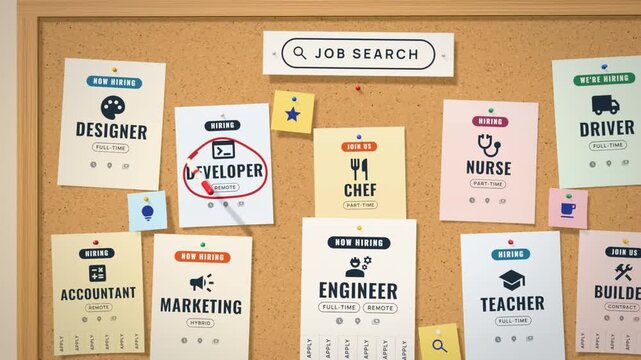 Corkboard of hiring job posters circled with red marker and linked by string in a job search