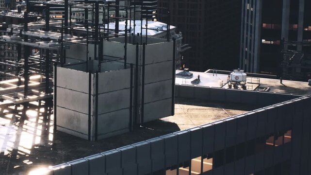 A towering skyscraper reveals its intricate rooftop structures under bright sunlight. Metal frameworks and ventilation systems integrate beautifully into the cityscape, showcasing urban design.