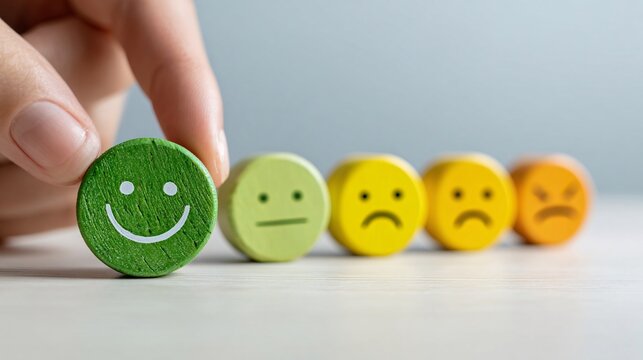 A hand placing a wooden block with a happy face icon in a customer feedback sequence