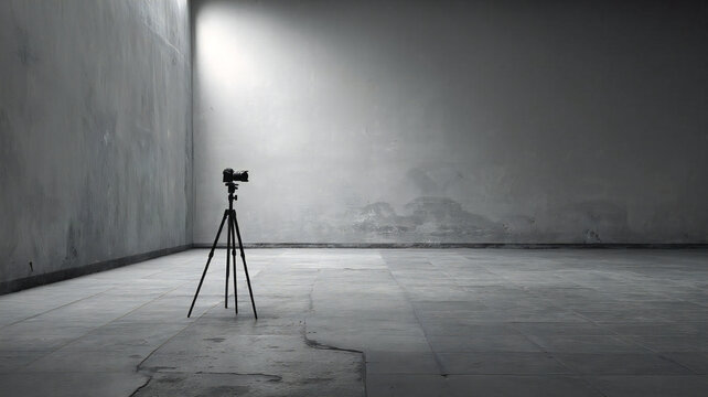 Camera on a tripod standing alone in an empty concrete room with a soft beam of light. Generated by AI.