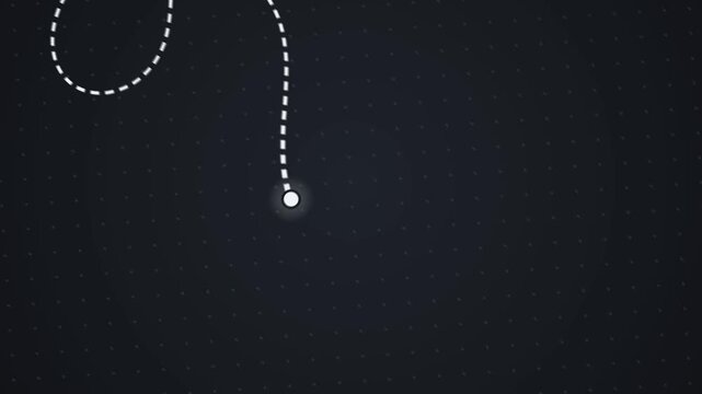 Dotted route line draws a winding path from a white location pin to a red destination pin on dark