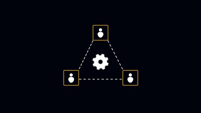 Teamwork icon animation connects personnel avatars around gears. Automated corporate workforce management routes on teamwork icon animation. Business hubs use the icon.