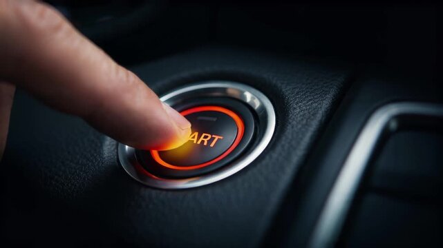Finger Pressing Start Button in Car Interior Close up Cinematic Motion Realistic Technology Concept