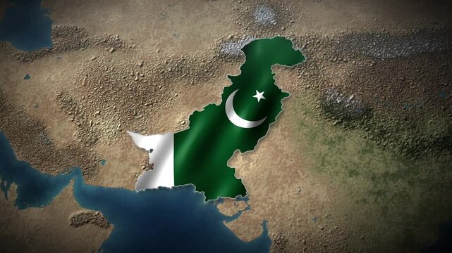 Pakistan flag waving inside country map on satellite terrain map of South Asia with Arabian Sea, national flag map of Pakistan