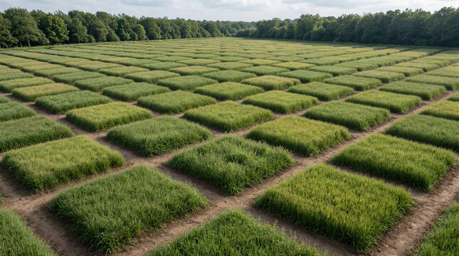 Triangular grass patches growing in symmetrical patterns separated by narrow bare soil pathways across a vast agricultural field