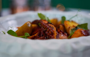 Exquisite gourmet grilled octopus tentacle served with roasted golden potatoes and fresh microgreens garnish, plated in an elegant luxury restaurant setting. © samy