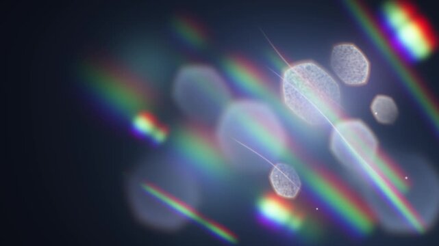 Prism rainbow light refraction with spectrum streaks and hexagonal bokeh on dark navy, prismatic lens effect, seamless loop