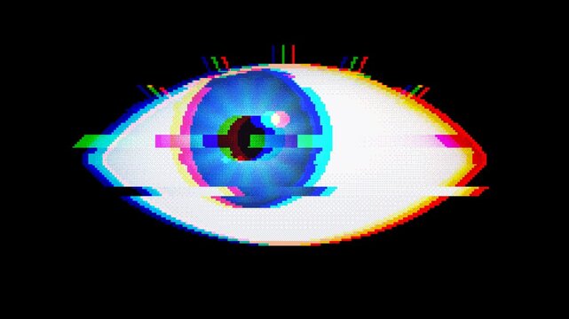 Pixel art eye looking around and blinking with RGB glitch on black background, retro 8-bit cartoon eyeball, seamless loop