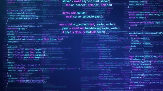 Programming code scrolling and typing in layered blue and purple text, network software development and data background