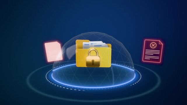 Locked file folder protected by a glowing dome shield as malicious documents disintegrate