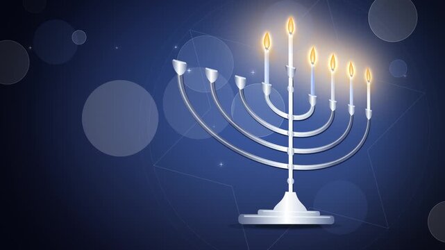 Close-up of silver hanukkah menorah glowing on blue with copy space