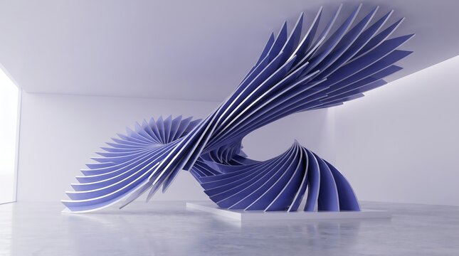 Abstract Parametric Architectural Sculpture With Dynamic Blue Curved Panels in Modern Minimalist Interior Space