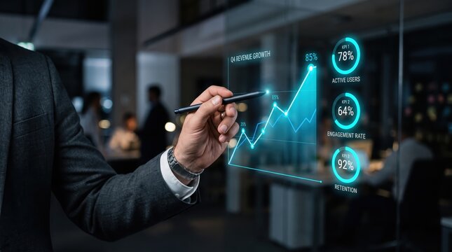 Business executive analyzing revenue growth chart on transparent glass wall display, visualizing key performance indicators and engagement metrics for strategic financial planning