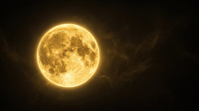 Hyper-realistic glowing golden full moon in the dark night sky, high resolution lunar surface details, cinematic lighting with ethereal clouds, mysterious and magical atmosphere