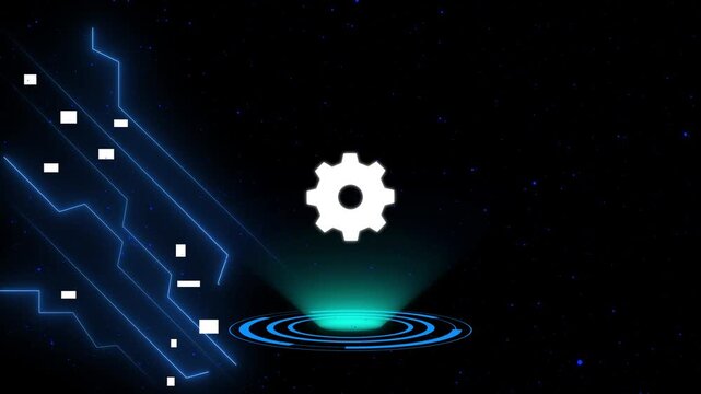 Mechanical gear animation rotates on an illuminated pedestal. Industrial automated machinery engineering telemetry guides gear animation. Robotics studios use the gear.