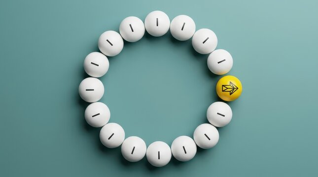 Conceptual business strategy showing a distinct yellow sphere with an arrow breaking away from a circle of identical white spheres representing