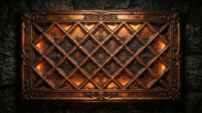 Vintage copper ornamental vent cover with glowing diamond lattice pattern for historical interior design.
