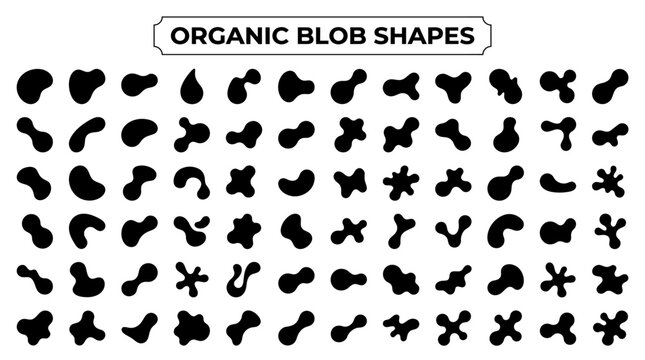 Very beautiful bold black and white vector collection of organic blob shapes, fluid amoeba forms, irregular curves and liquid elements, centered label "ORGANIC BLOB SHAPES", 60 minimalist vector icons