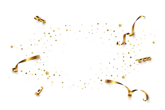 Gold confetti birthday background. Golden ribbons, stars and confetti pattern. Christmas, new year congratulations festive horizontal banner. Luxury glowing vector illustration