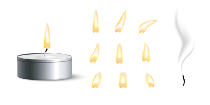Candle flames set. Candlelight flame glowing softly in darkness. Realistic vector illustration for memorial ceremonies, meditation spaces, or candlelight celebrations with warm atmospheric lighting