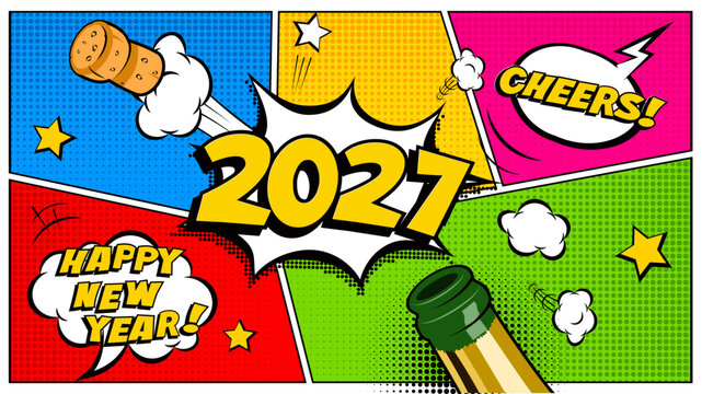2027 Happy New Year greeting card in comic style. Pop art holiday banner. Festive social media poster with congratulations. Vintage vector illustration.