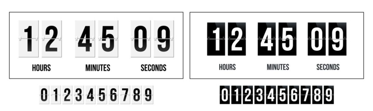 Flip countdown numbers set. Mechanical flip clock display with countdown numbers and classic analog timer design showing hours, minutes, and digital scoreboard digits. Realistic vector illustration