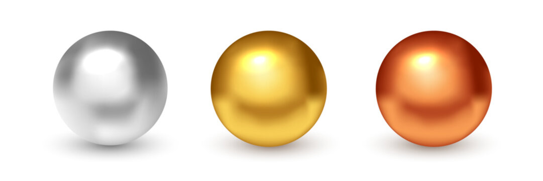 Metal balls. 3D color metallic spheres with with soft reflections, smooth gradient and shadows. Set of glossy shiny golden, silver, copper beads. Realistic vector illustration.