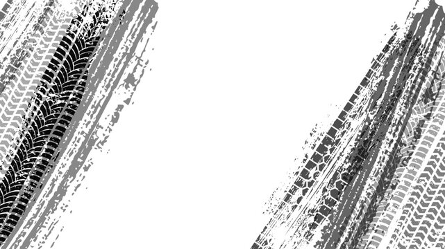 Tyres track. Diagonal tire tracks with grunge texture and rough skid pattern. Dirty wheel imprints with aggressive motion effect isolated on transparent. Realistic automotive vector illustration