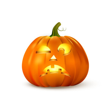 Halloween pumpkin. Halloween glowing pumpkin on white background with carved scary, funny, spooky face. Festive jack lantern in dark night style. Holiday vector illustration