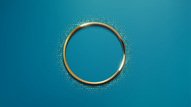 Golden circle frame with dotted halftone light effect on blue background. Gold circular glowing metallic ring, button, stamp, emblem, sticker, label. Modern luxury abstract vector illustration