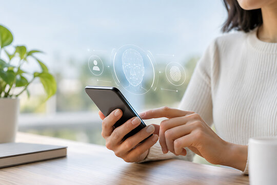 Woman using smartphone with biometric identity verification
