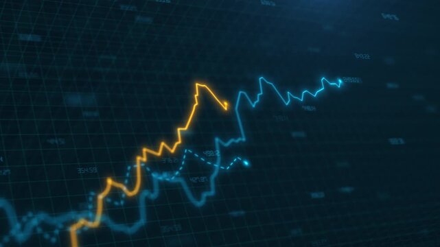 Three dimensional stock chart with orange and cyan lines. Market analysis and investment data