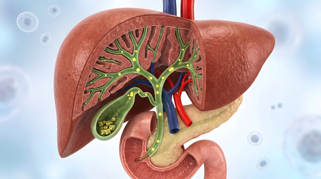 Detailed 3D medical illustration showcasing the human liver, its internal structure with bile ducts, and the gallbladder containing gallstones. Adjacent organs like the pancreas and duodenum are al...