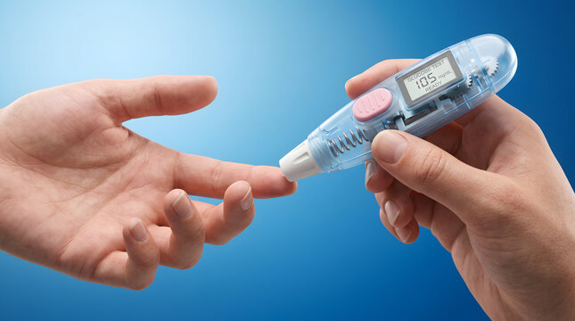 Close-up of a person's hands conducting a blood glucose test using a lancing device and glucometer. The device displays a reading, indicating blood sugar levels. This image highlights diabetes mana...