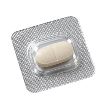 Single medical pill in blister pack isolated on transparent background PNG cutout