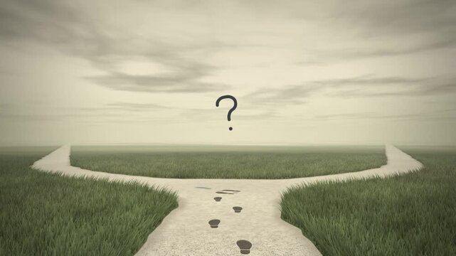 Crossroads decision concept, footprints walk to a fork under a question mark and turn toward sunlight