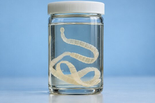 Taenia solium tapeworm specimen in a glass jar with liquid