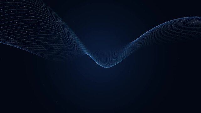 A flowing ribbon of glowing cobalt blue particles moves in a rhythmic sweeping S-curve motion across a dark void.