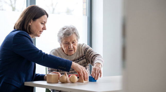 Neurologist conducts cognitive assessment with senior patient using geometric objects to evaluate memory, attention and thinking skills during neurological examination.