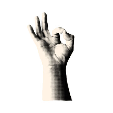 Okay hand halftone gesture for collage. Hand with okay sign isolated on white background. Trendy vintage monochrome vector illustration