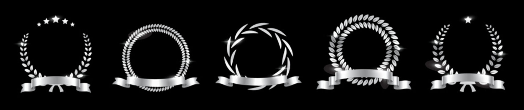 Silver award laurel wreaths with stars, ribbon and empty place for name of winner. Prize for awarding ceremony, championship, best player, diploma. Quality certified icon. Vector illustration