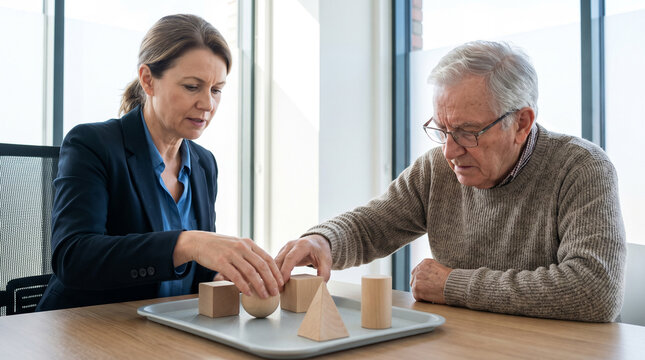 Neurologist conducts cognitive assessment with senior patient using geometric objects to evaluate memory, attention and thinking skills during neurological examination.