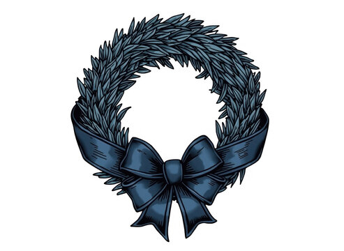 Funeral wreath with blue ribbon and bow on transparent background