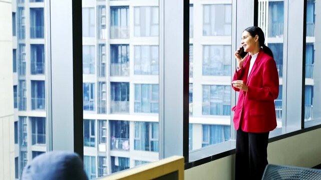 Smiling businesswoman talks on a smartphone beside a large office window, showing business, communication, leadership, confidence, technology, career, success and professionalism.