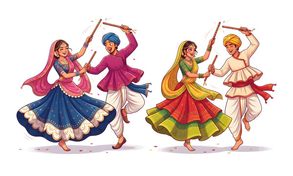 Colorful vector illustration of traditional Indian dancers performing Dandiya Raas dance during Navratri festival celebrations.