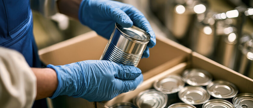 A worker in a food processing plant with blue gloves and apron places a sealed silver tin can into a cardboard box lined with more cans