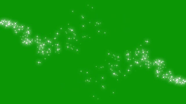 Luxury white glitter sparkles line trail, cartoon doodle sparkles, blinking cartoon shine stars, magic dust and pixie dust path, fairy dust glitter stars trail transition on green screen. 4k video