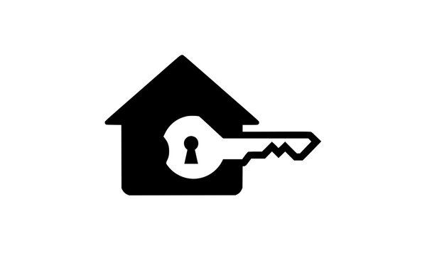 Black silhouette icon of a house and a key representing home security with real estate residential area home owner property silhouette protection mortgage ownership building residential