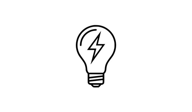 Minimalist line art icon of a light bulb with a lightning bolt inside power sign simple vector graphic electric icon thought process black and white graphic element design asset idea icon
