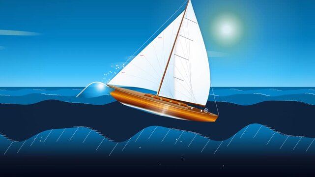 Classic Wooden Sailing Yacht Heeling in Ocean Waves Maritime Vector Animation Loop